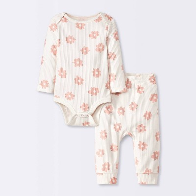 Baby 2pc Floral Wide Ribbed Top & Bottom Set - Cloud Island™ Cream 24M