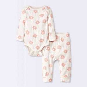 Baby 2pc Floral Wide Ribbed Top & Bottom Set - Cloud Island™ Cream - 1 of 4