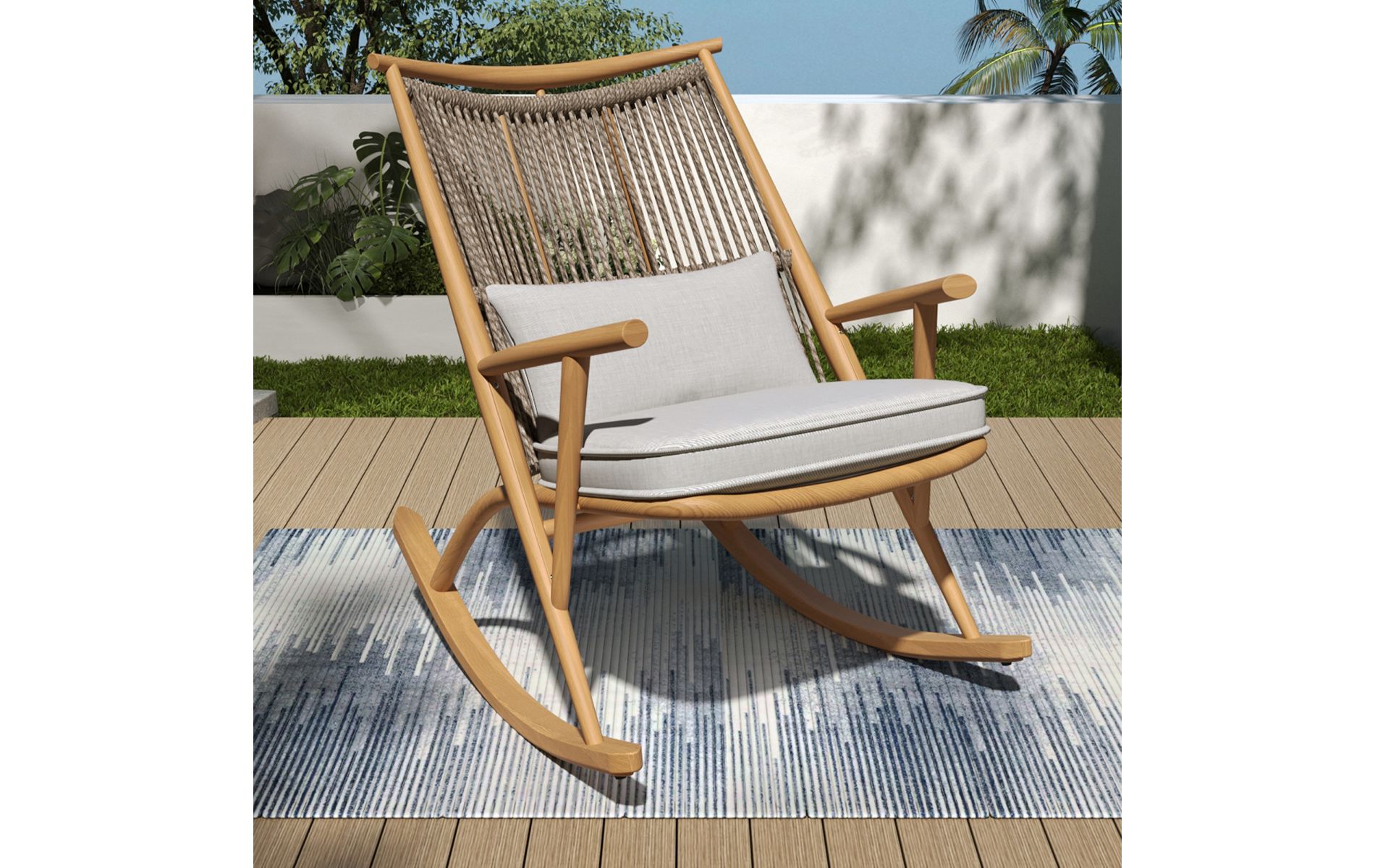 Outdoor Rocking Chair with Iron Frame, Gray PE Rattan Back and Cushions, Patio Seating for Porch or Garden-Baofuwish