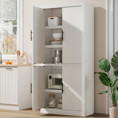coucheta Kitchen Pantry Storage Cabinet with 4 Magnetic Doors & Adjustable Shelves, Freestanding Farmhouse Cupboard for Living Room, Dining Room