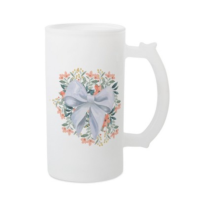 Elanze Designs Freezable Beer Stein Mug With Thumb Grip Handle, 16 Ounce Frosted Glass, White Bow Floral