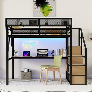 Racxily Loft Bed with Desk and Charging Station, Metal Loft Bed with Stairs and Light for Kids Teens - 1 of 4