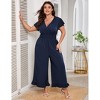 Coolmee Womens Plus Size Jumpsuits Vintage Short Flutter Sleeve Ruffled Hem Floral Printed Wide Leg V Neck Romper Long Jumpsuit 4XL Navy blue - 3 of 4