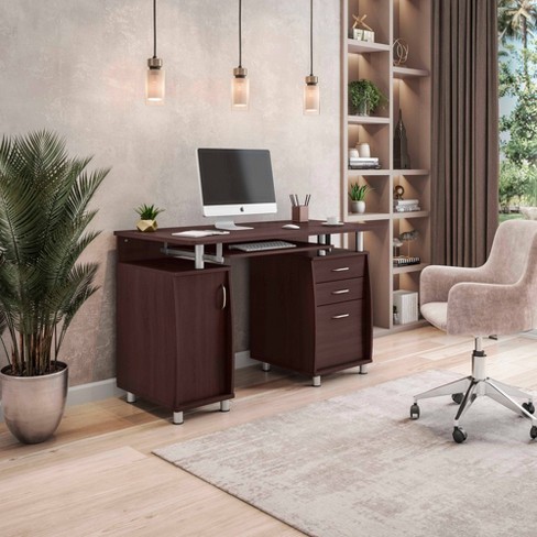 Techni Mobili Reversible L-Shape Computer Desk with Drawers and File Cabinet, Walnut