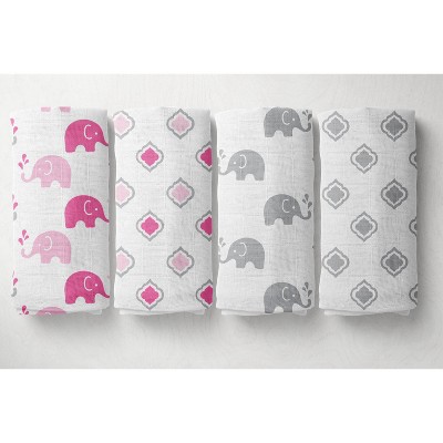 Bacati - Elephants Pink/Gray Muslin Swaddling Blankets set of 4