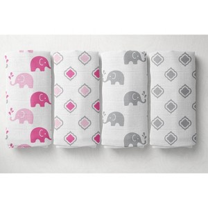 Bacati - Elephants Pink/Gray Muslin Swaddling Blankets set of 4 - 1 of 4