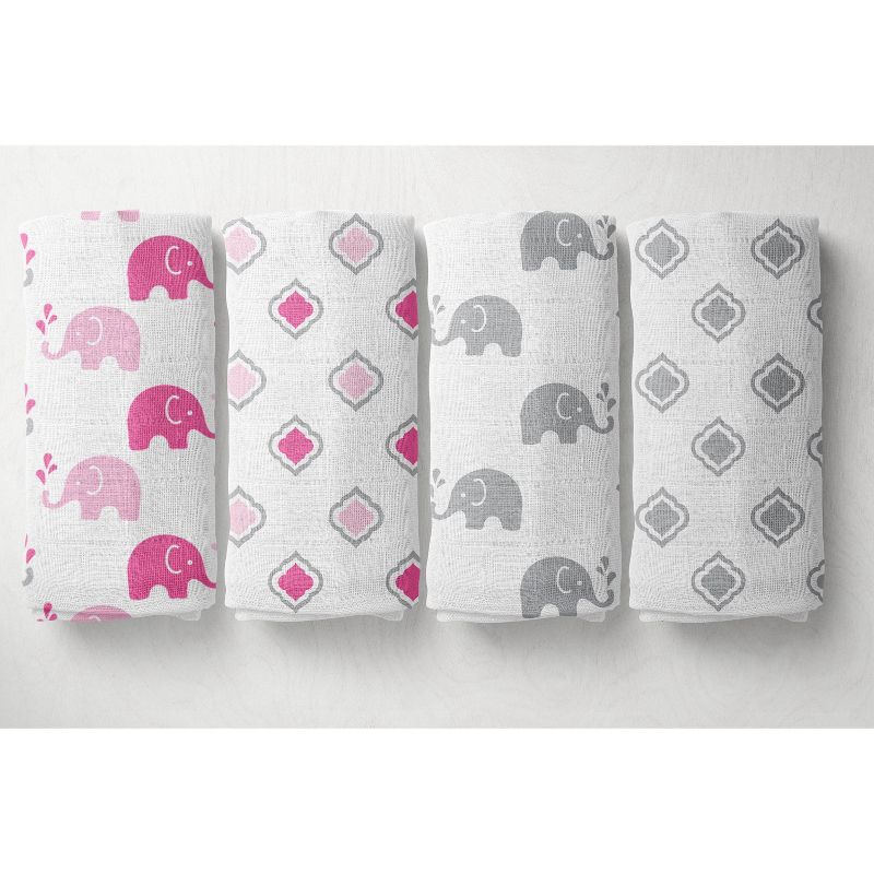 Bacati - Elephants Pink/Gray Muslin Swaddling Blankets set of 4, 1 of 6