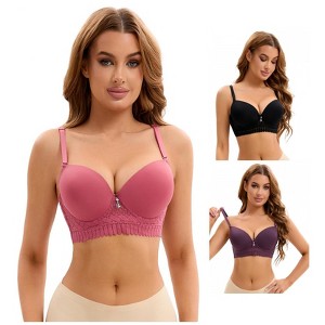 INSPIRE CHIC 3 Pcs Women's Lace Trim Underwire Adjustable Straps Plus Cup Size Push Up Bras - 1 of 4