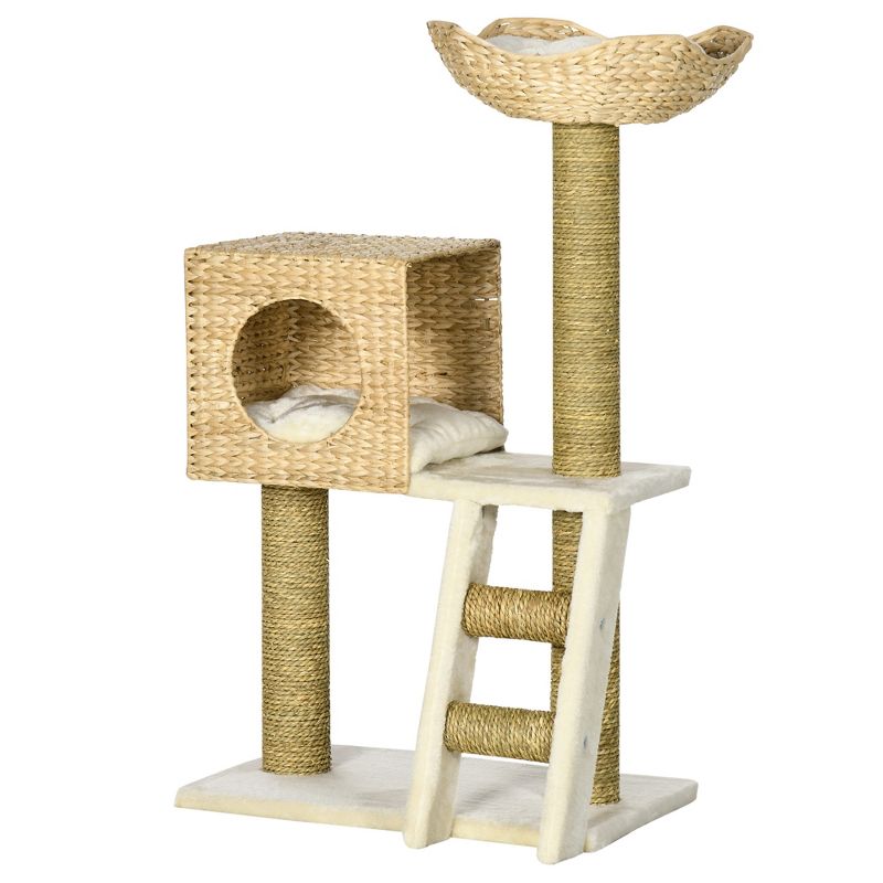 PawHut Cattail Weave Cat Tree for Indoor Cats Kitty Tower with Rattan Cat Condo, Wicker Bed, Ladder, Washable Cushions, 22.5" x 14.5" x 39.5", Natural, 5 of 8