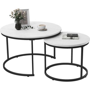 Zevemomo Nesting Coffee Table Set of 2, 27.6"with Marble Pattern Top and Sturdy Metal Frame,Circle Table for Living Room, Bedroom,Patio,Yard (White) - 1 of 4