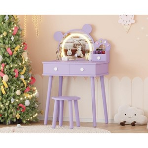 Bear-Shaped Kids Vanity Set with Lights - Wooden Princess Toddler Makeup Desk, Mirror & Stool - Pretend Play Bedroom Set for Little Girls - 1 of 4