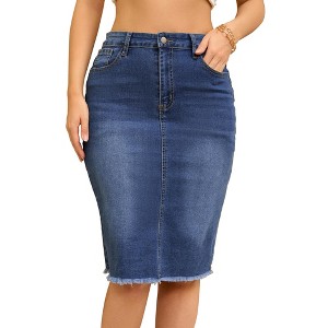 INSPIRE CHIC Women's Raw Hem High Waisted Pockets Stretch Knee Length Jean Denim Skirt - 1 of 4