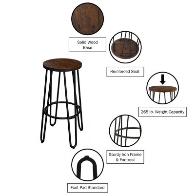 Rustic Elm 24-Inch Backless Counter Stool with Hairpin Metal Legs