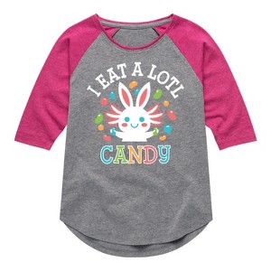 Girls' - Instant Message - I Eat Alotl Candy Shirt Tail Raglan Graphic T-shirt - 1 of 4