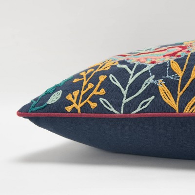 Navy Blue Embroidered Botanical Birds Lumbar Pillow