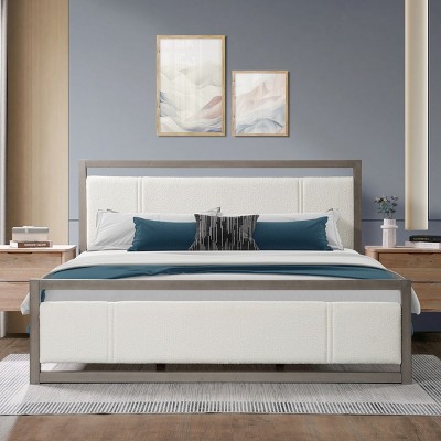 Upholstered Bed Frame With Ivory Boucle Fabric Headboard Queen King Minimalist Bed Frame,Wooden Double Bed Frame-Cuddlewood