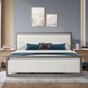 Upholstered Bed Frame With Ivory Boucle Fabric Headboard Queen King Minimalist Bed Frame,Wooden Double Bed Frame-Cuddlewood - 1 of 4