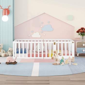 Twin Size Wood Floor Bed Frame With Full-Length Guardrail And Door, Versatile Open-Row Design Baby Play House, No Mattress