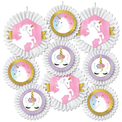 Big Dot of Happiness Rainbow Unicorn - Hanging Magical Unicorn Baby Shower or Birthday Party Tissue Decoration Kit - Paper Fans - Set of 9