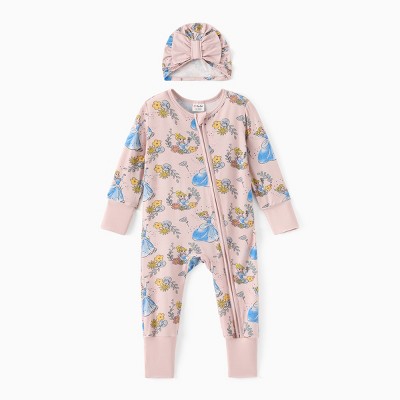 PATPAT Disney Princess Baby Girl Bamboo Beller/Ariel/Cinderella Enveloping Cuffs Zipper Cute Jumpsuit Romper with Bowknot Hat Set