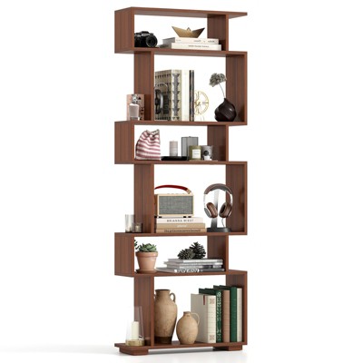 Tangkula 6-tier S-shaped Bookshelf 64" Open-back Bookcase Home Wood Organizer Free-standing Storage Shelf