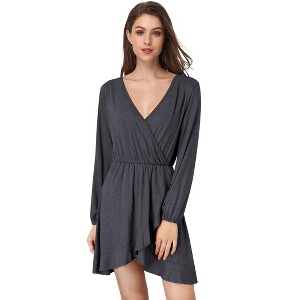 YESFASHION  Women's Casual T Shirt Dress 2025 Summer Long Sleeve Swing Dresses Puff Sleeve V-Neck Ruffles Pleated Party Dress - 1 of 4