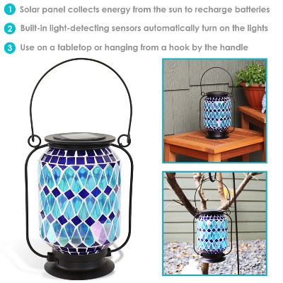 Cool Blue Mosaic Glass Solar LED Outdoor Lantern with Metal Frame