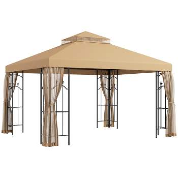 Outsunny 141.7" x 118.1" Steel Outdoor Patio Gazebo Canopy with Removable Mesh Curtains, Display Shelves, & Steel Frame, Brown