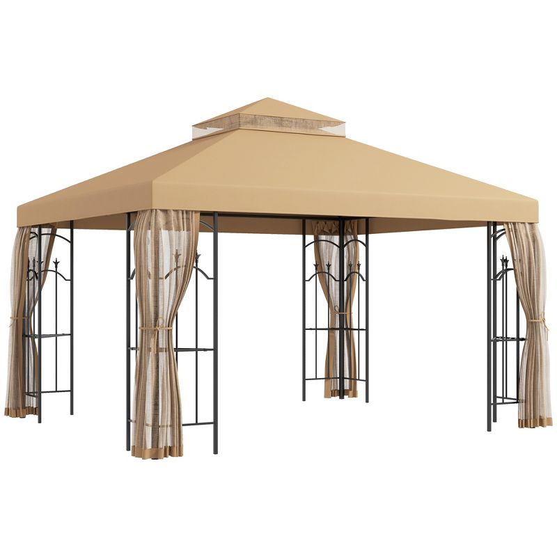 Outsunny 141.7" x 118.1" Steel Outdoor Patio Gazebo Canopy with Removable Mesh Curtains, Display Shelves, & Steel Frame, Brown, 1 of 7