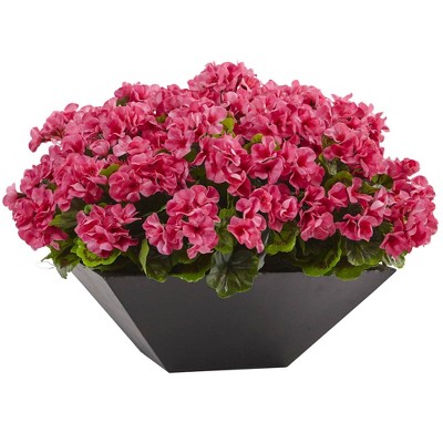 15" Geranium with Black Planter - Nearly Natural