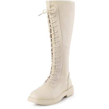 Allegra K Women's Lace Up Round Toe Flat Low Heel Knee High Boots