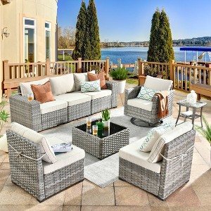 Marlton 8pc Wicker Outdoor Patio Furniture Set Conversation Sofa Sectional with a Swivel Chair and Cushions - 1 of 4