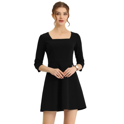 Allegra K Women's Square Neck Solid 3/4 Sleeve Aline Dresses Black ...