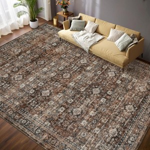 9x12 Red Vintage Floral Washable Area Rug – Non-Slip Stain-Resistant Carpet for Living Room, Bedroom, Nursery, Apartment, Easy-Clean - 1 of 4