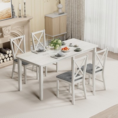 VECELO Farmhouse Style Dining Table Set, Rubber Wood Table and Upholstered Dining Chairs, Gray