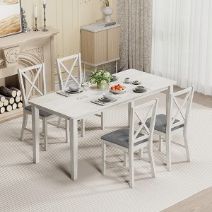 VECELO Farmhouse Style Dining Table Set, Rubber Wood Table and Upholstered Dining Chairs, Gray - 1 of 4