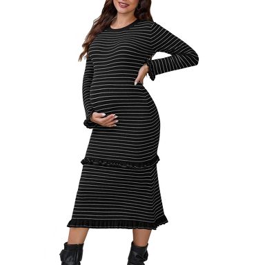 Inspire Chic Women's Maternity Sweater Dress Stripped Ruffle Winter Warm Stretchy Knit Long Sleeve Maxi Dresses XX-Large Black