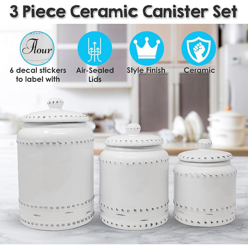 KOVOT 3 Piece Ceramic Canister Set With Air-Sealed Lids & Bonus Decal Labeling Stickers - Ivory White With Antique-Style Finish (108oz, 86oz, & 40oz), 4 of 7