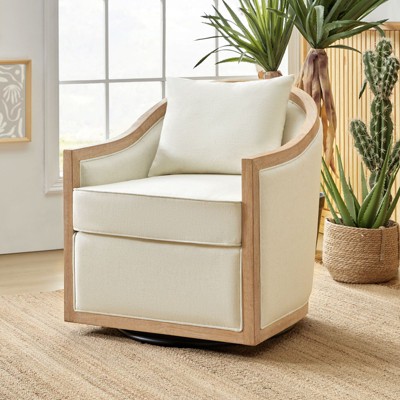Gordon Farmhouse Edging Swivel Barrel Chair With Toss Pillows丨HULALA HOME-IVORY