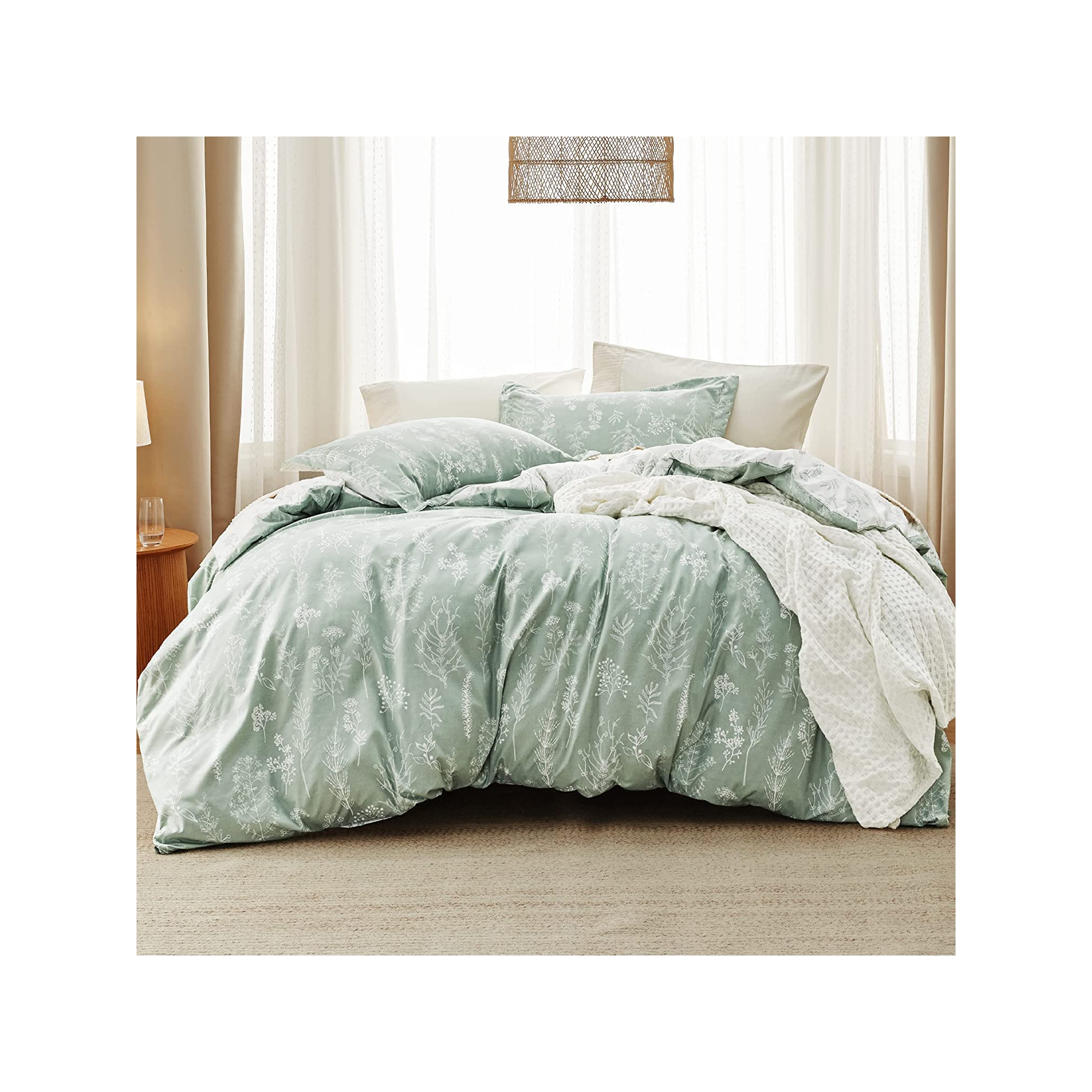 3 Pcs Floral Printed Reversible Sage Green Comforter Set Queen Size Soft Designed Plants Pattern Bedding Set - Bedsure