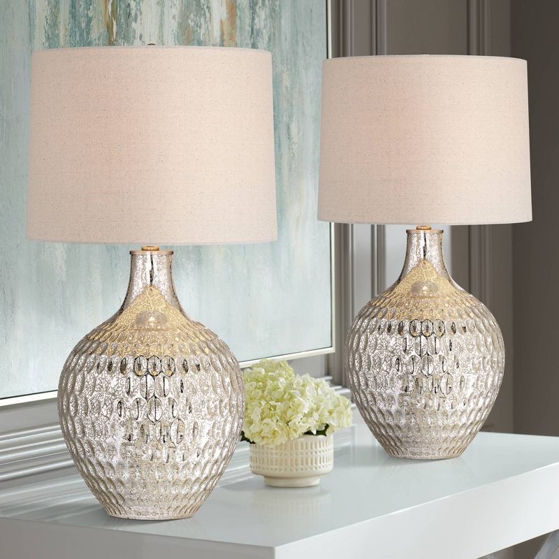 360 Lighting Waylon 28" Tall Modern Luxe Coastal End Table Lamps Set of 2 Silver Mercury Glass Off-White Shade Living Room Bedroom Bedside Nightstand, 2 of 9