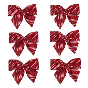 Northlight Glitter Striped 2-Loop Christmas Bow Decorations - 5.5" - Red - Pack of 6 - 1 of 4