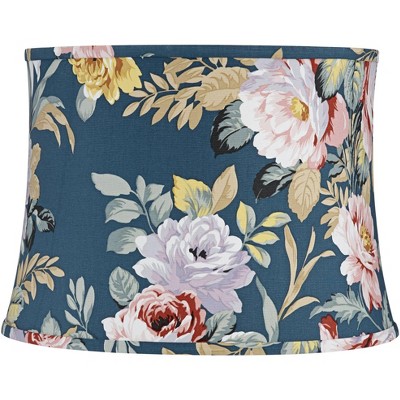 Springcrest Blue with Rose Print Medium Drum Lamp Shade 14" Top x 16" Bottom x 11.5" High (Spider) Replacement with Harp and Finial