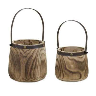 Melrose Natural Wooden Pail Planter (Set of 2)
