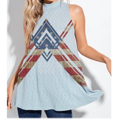 Women's American Flag Chevron Mock Neck Muscle Tank Top - lemon tree design