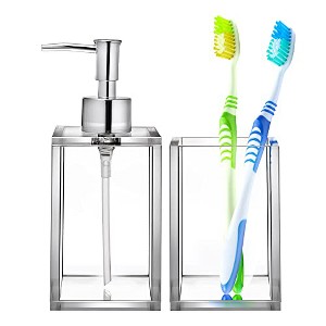 Clear Acrylic Refillable Soap Dispenser with Rust Proof Stainless Steel Pump, Modern Square Liquid Hand Soap Dispenser 12 oz, - Elavain - 1 of 4