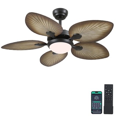 Kviflon 44 Inch Tropical Ceiling Fan with LED Lights, Palm Leaf Blades,6 Speed,Dimmable LED,Wood Grain Design,for Kitchen,Dining Room,Patio