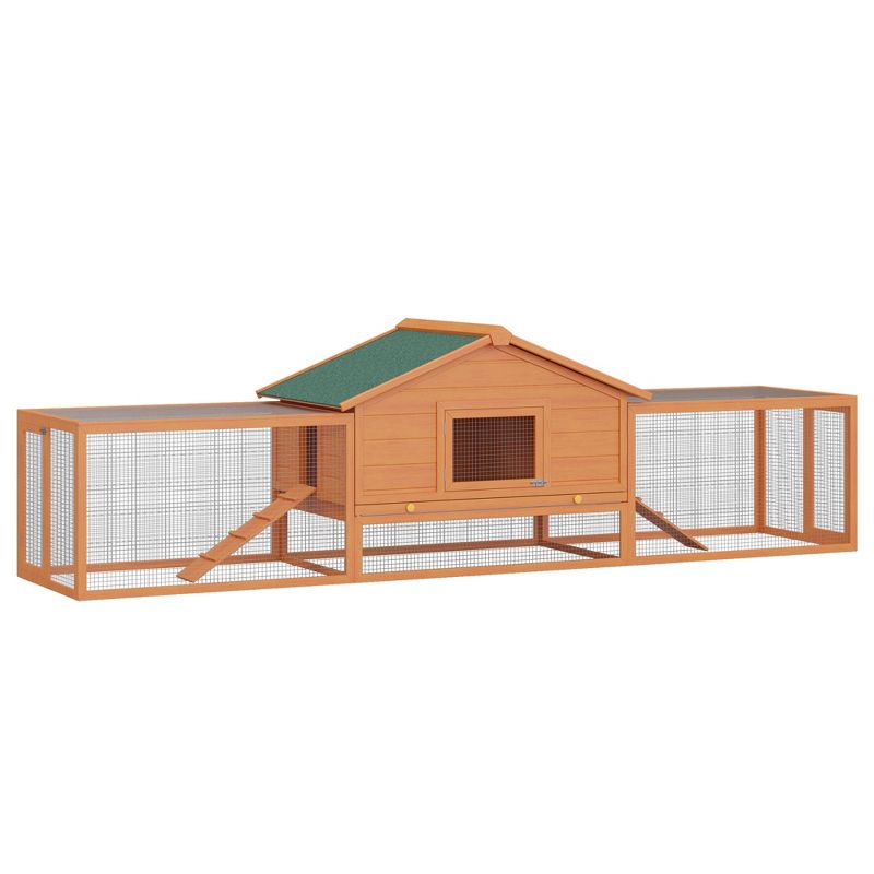 PawHut Large Wooden Rabbit Hutch Bunny Hutch 2-Story Pet House Cage with Ramps, Lockable Doors, Run Area and Asphalt Roof for Outdoor Use, Natural, 1 of 7