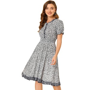 Allegra K Women's Floral Ruffle Neck Smocked Waist Short Sleeve Sundress - 1 of 4