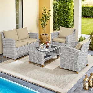 ELJGET 4-Piece Outdoor Patio Furniture Sets, Wicker Conversation Set for Porch Deck, Rattan Sofa Chair with Cushion - 1 of 4